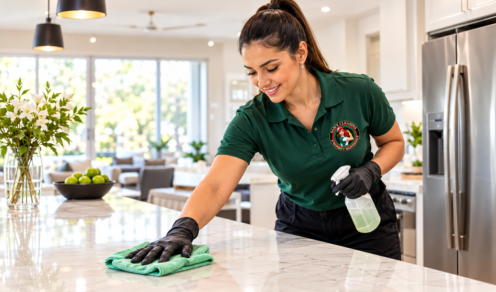 Professional cleaner from Sam's Cleaning wiping a pristine kitchen marble countertop